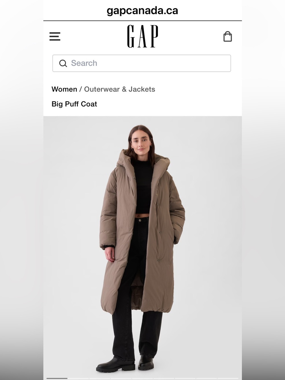 GAP Long Hooded Puff Coat in Taupe